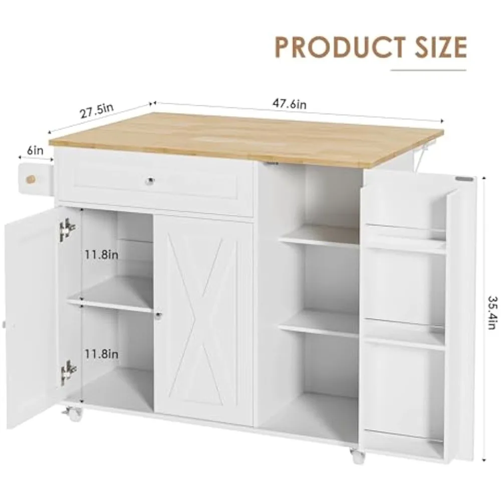 Kitchen Island with Storage, Island Table on Wheels with Drop Leaf, Spice Rack, Drawer, Towel Rack, Rolling Kitchen Island Cart