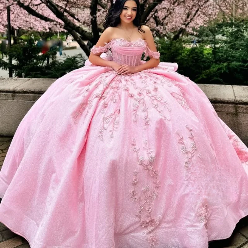 

Customized Shiny Pink Quinceanera Dresses Off the Shoulder sequin applique crystal Long tail Bow Vestido 15 Quinceanera