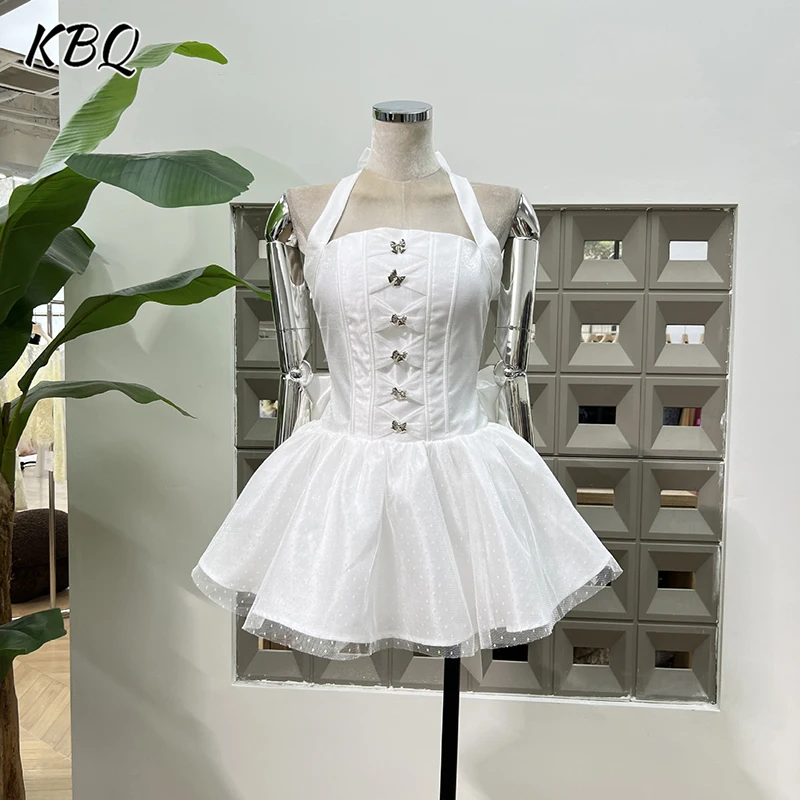 

KBQ Solid Spliced Bowknot Slimming Mini dresses for Women Square Collar Sleeveless High Waist Frech Sweet Dress Female Fashion