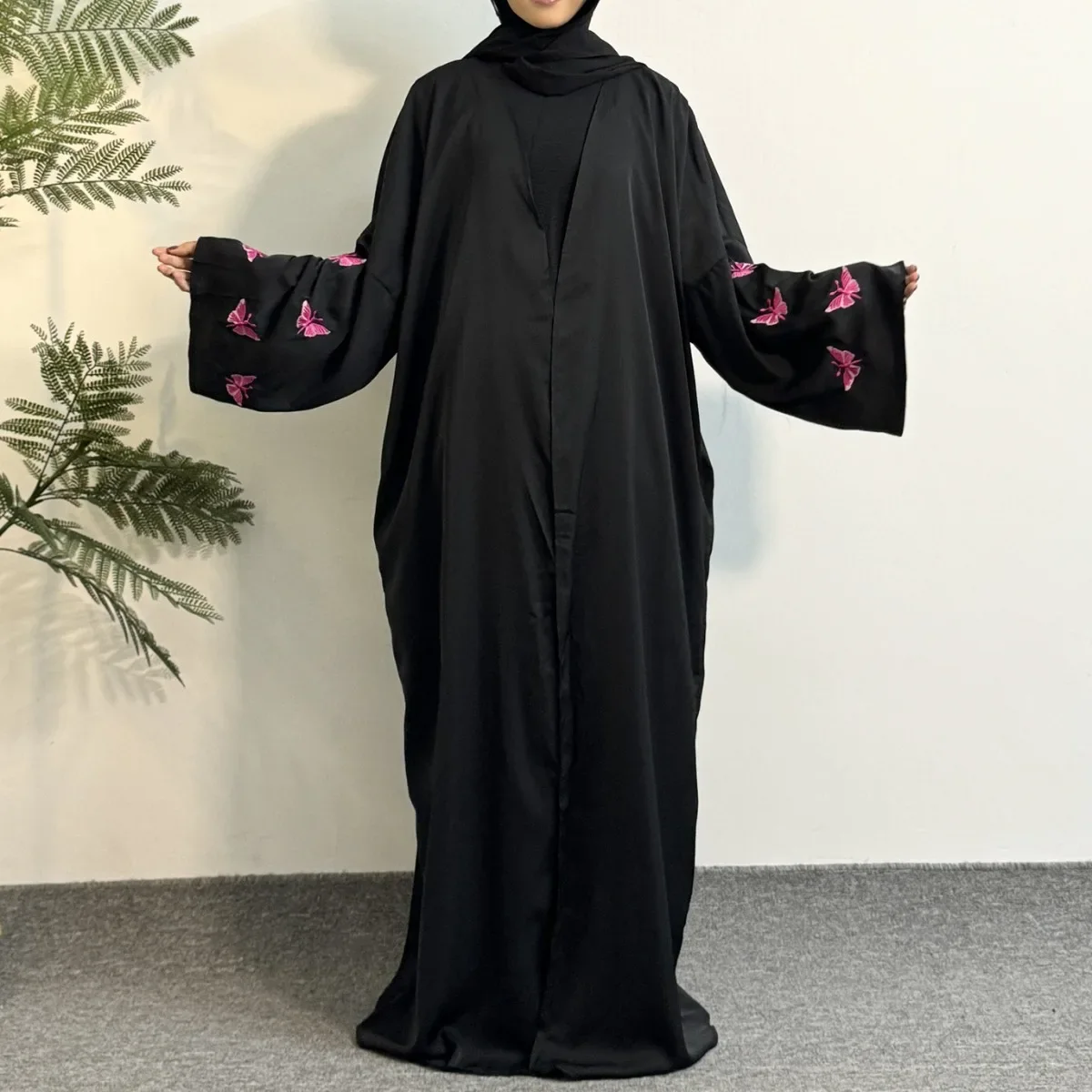 Muslim Butterfly Embroidery Open Front Abaya,Long Sleeve Maxi Length Dress Abayas Women\'s Clothing Wearout Kaftans Women Jilbabs