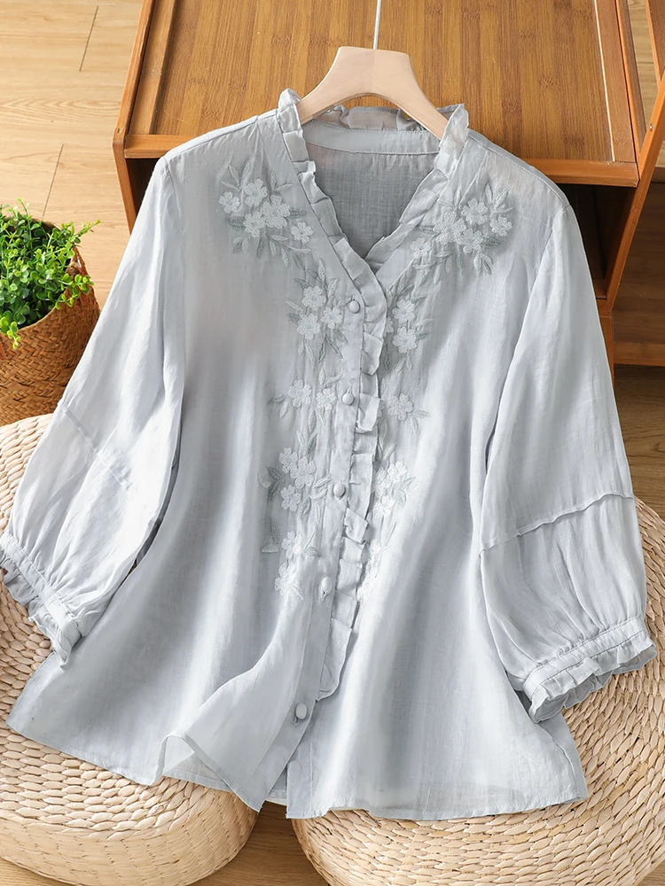 

Casual Embroidered Long Sleeve Shirt Women's Spring Summer New Style Fashionable Shirt Wood Grain Trim Label Removed