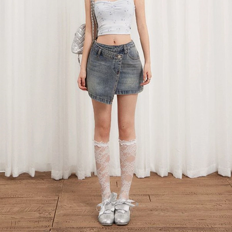 FINEWORDS Korean Irregular Casual High Waist Denim Skirt Women A Line Vintage Skirt With Inner Lining Streetwear Sexy Mini Skirt