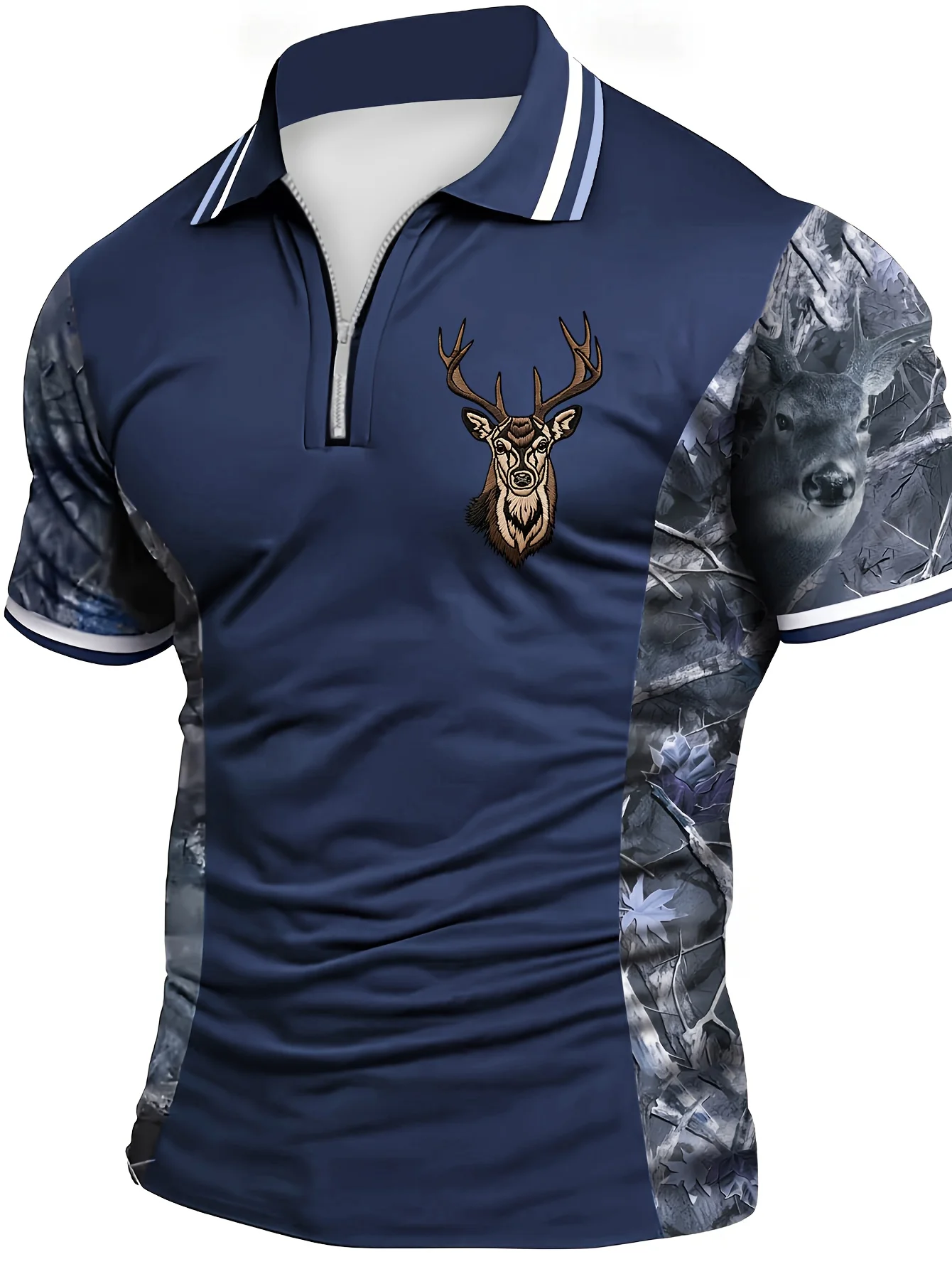 La nueva camiseta POLO de manga corta con cremallera para hombre de verano 2025, es informal y cómoda en la calle con estampado de ciervos en 3D.