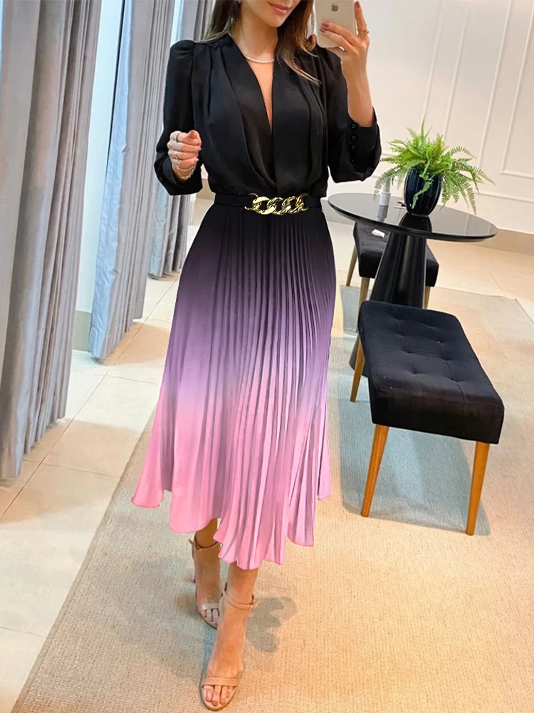 

Ombre Plunge Pleated Midi Dress with Chain Decor Belt Chic,Elegant Pleated Daily,Work