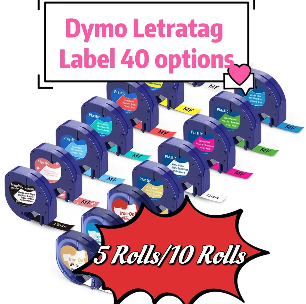 10 Rolls Dymo Letratag Plastic Tape LT 91331 LT9120112267 18769 18771 for LT-100H LT-100T