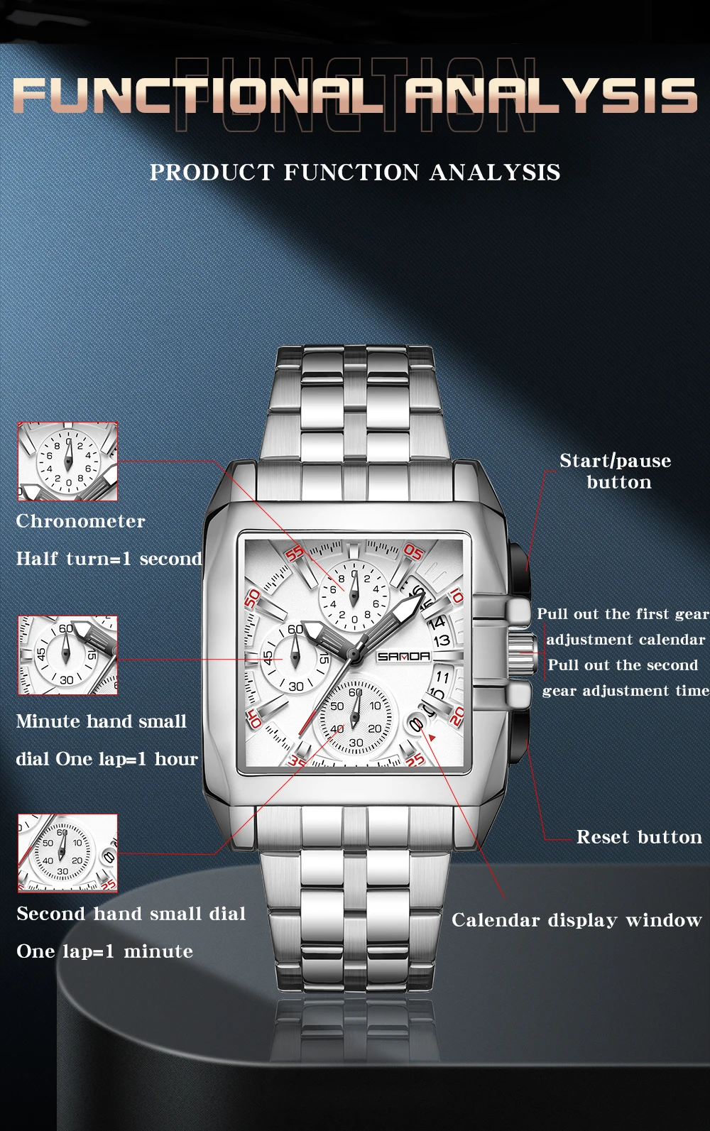 Sanda2023 novo relógio de quartzo masculino com três olhos e seis agulhas tendência da moda com calendário masculino banda de aço relógio quadrado 5302