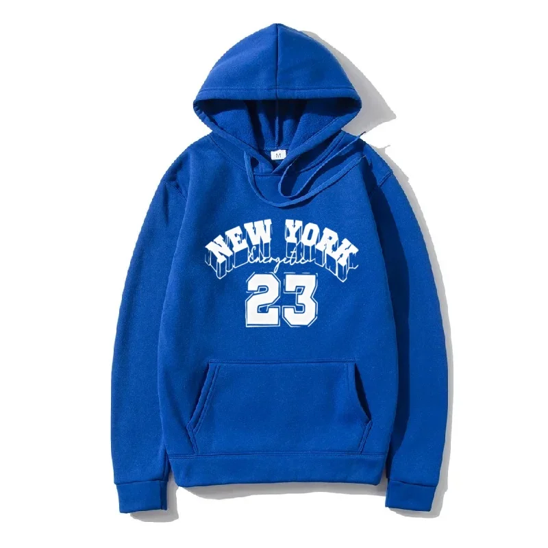 Men New York 23 Letter Print Pullover Hoodie Vintage Graphic Hooded Sweatshirt Kangaroo Pocket Drawstring Long Sleeve Loose Casu