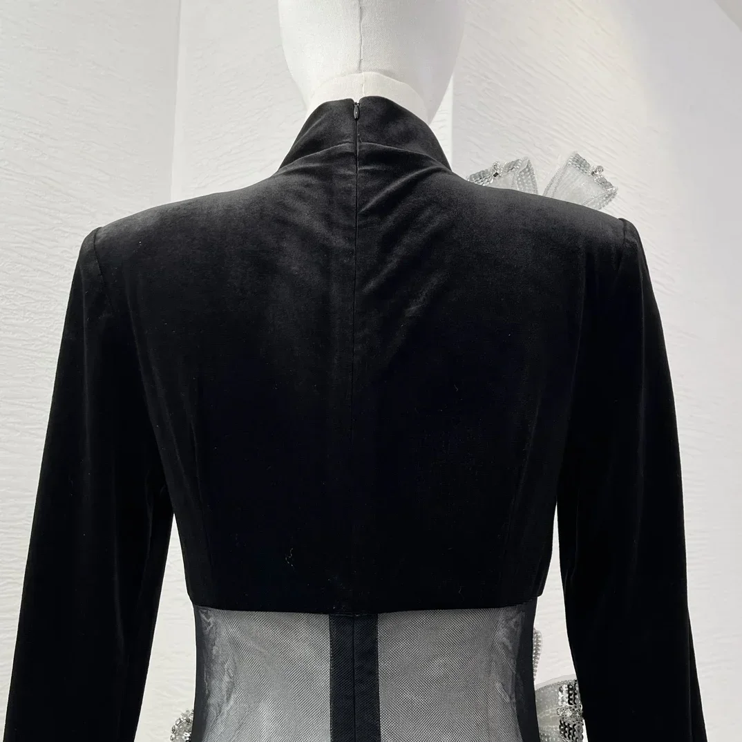 Paillettes fleurs 2024 nouveau Club Sexy noir voir à travers la taille en Tulle haute qualité à manches longues col roulé Mini robes pour dames