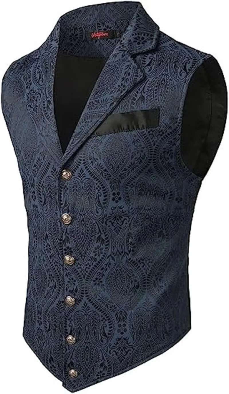 Herrenweste im viktorianischen Paisley-Jacquard-Stil, einreihige Weste im Gothic-Look für Hochzeiten, Dinnerpartys und als Retro-Kostüm. – Detail 6
