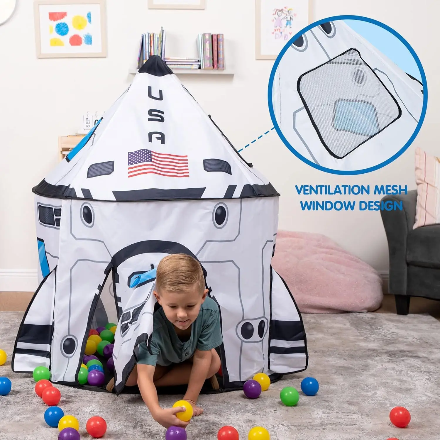JOYFY Tenda da gioco per nave a razzo Tenda da gioco pop-up per bambini Set di tende da gioco per astronave per interni ed esterni