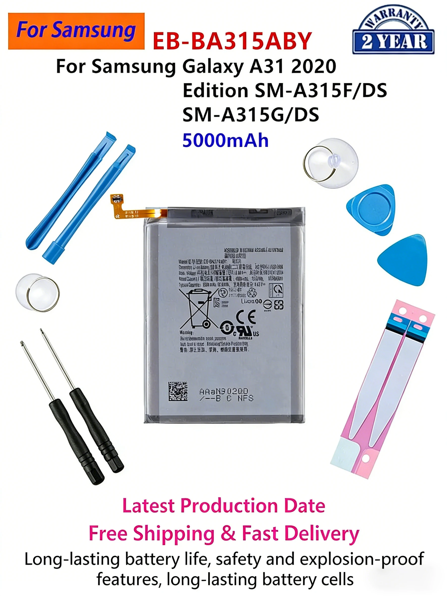 

EB-BA315ABY Phone Battery 5000mAh For Samsung A31 2020 SM-A315F/DS Replacement + Free Tool Kit