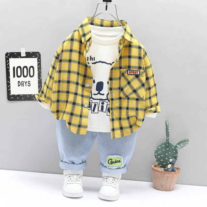 Baby Boy Clothes 0-5Y Spring Autumn Fashion Suit Boys Cartoon Plaid Shirts Jeans Children\'s Casual Clothes Baby 3 Piece Sets