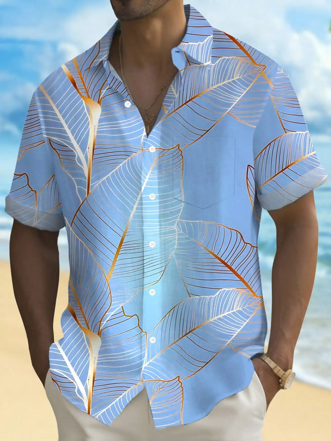 

Light Blue Leaf Print Men's Short Sleeve Button-Up Casual Shirt