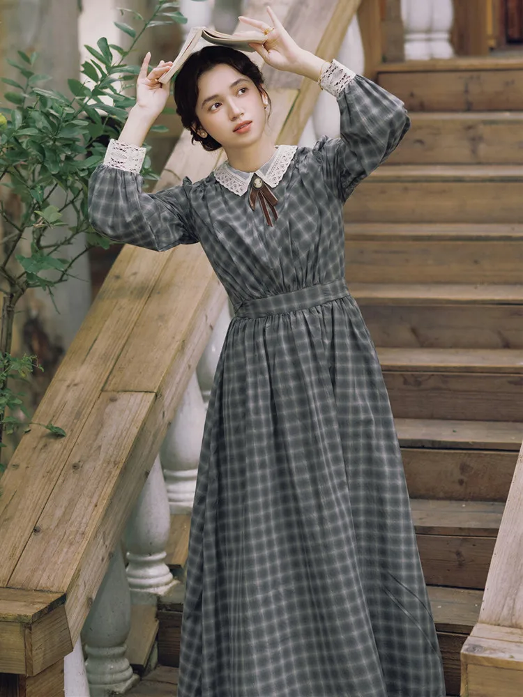 Sukienka maxi damska 86-98 cm obwód biustu, wiosna-jesień-zima, oryginalny projekt, brytyjski styl retro, artystyczna krata, vintage, elegancka, wyszczuplająca, 100% bawełna.