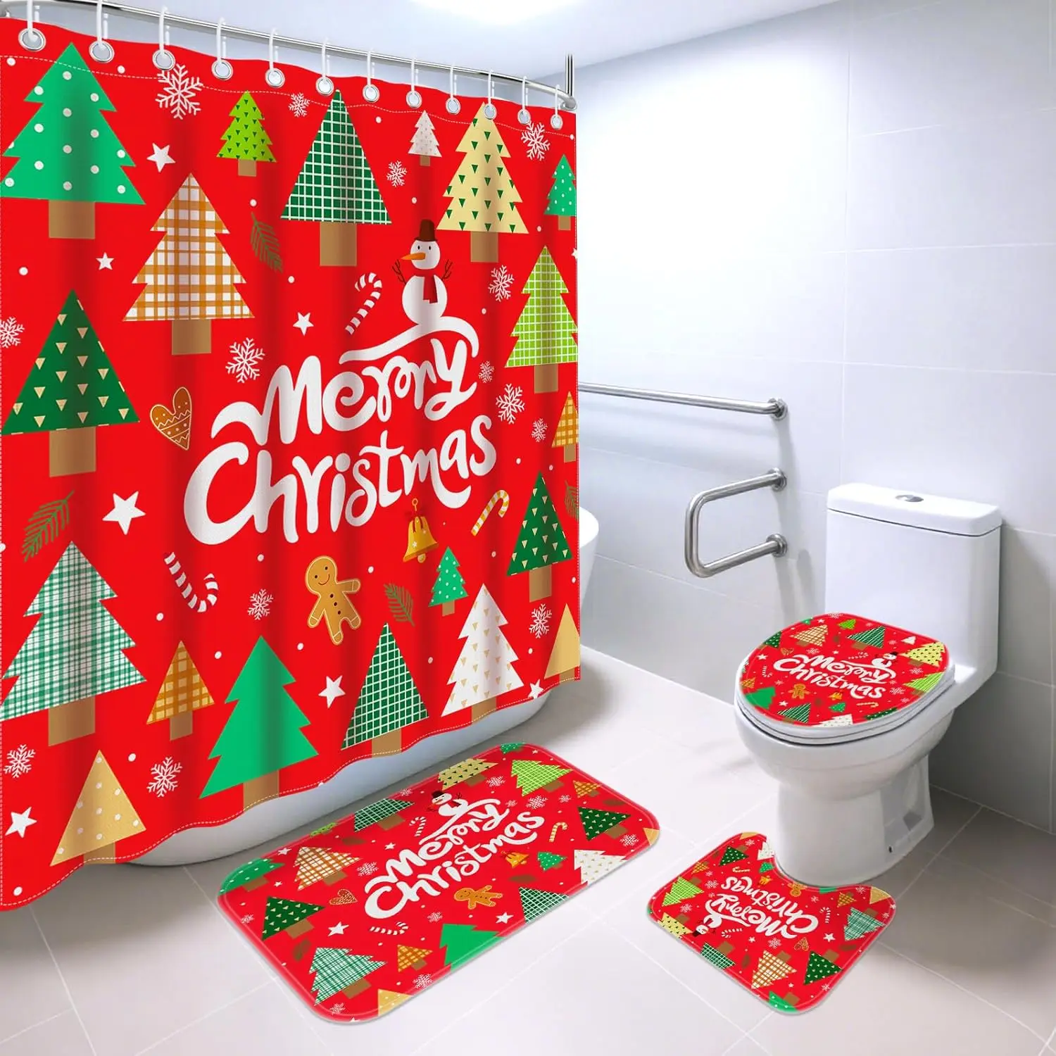 

4-х шт. Рождественский набор занавесок для душа с ковриками, елочные занавески для душа для ванной комнаты с нескользящими ковриками Рождественские наборы декора для ванной комнаты