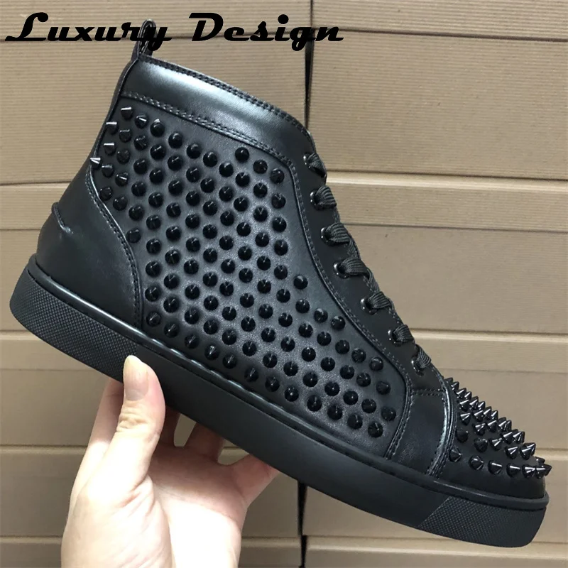 Luxury Brand Spikes Casual Shoes Rivets Men Sneakers Real Leather High Quality Red Bottom Shoes for Women High Top Flat Sneakers