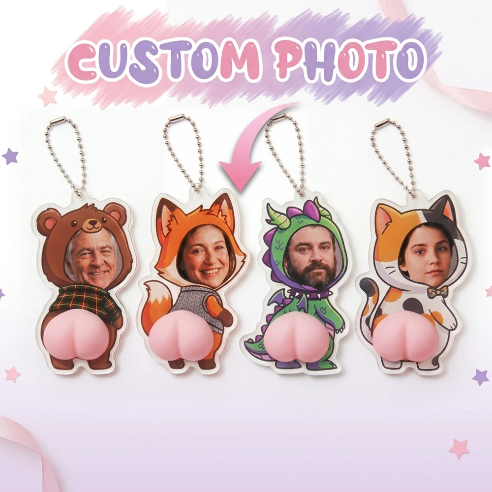 Customized Photo Keychain,Soft Silicone Pop Butt Design,Acrylic Cartoon Costume Pendant,Novelty Stress Reliever,Funny Surprise