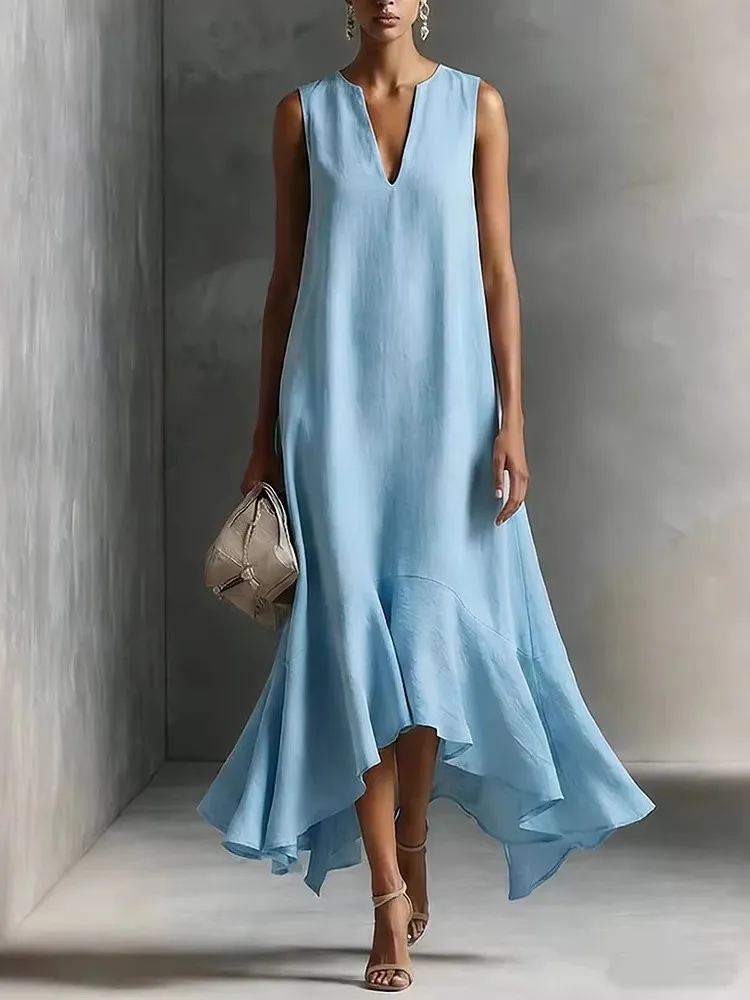 

Solid Color Loose Long Dress For Women Summer Sexy V-neck Sleeveless Fashion Irregular Hem Dresses Lady Foreign Style Streetwear