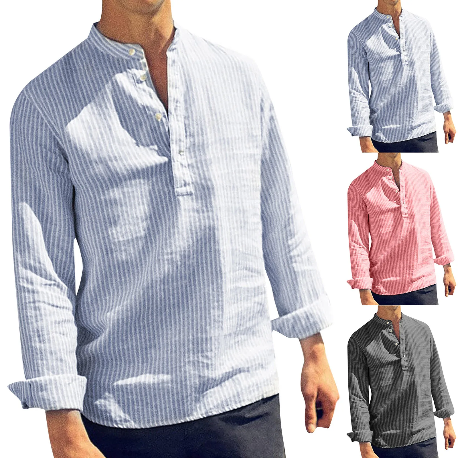 Solid Striped Shirts Summer Thin Lightweight Cotton Linen Shirts Spring Casual Loose Button-Down Stand Collar Pullover Shirts