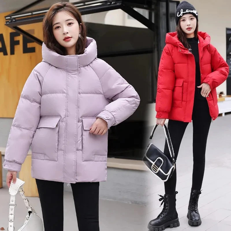 Chic Big Pocket Cotton Coat Women Casual Loose Down Cotton Parkas 2024 New Winter Hooded Jacket Thicken Warm Puffer Coat Outwear