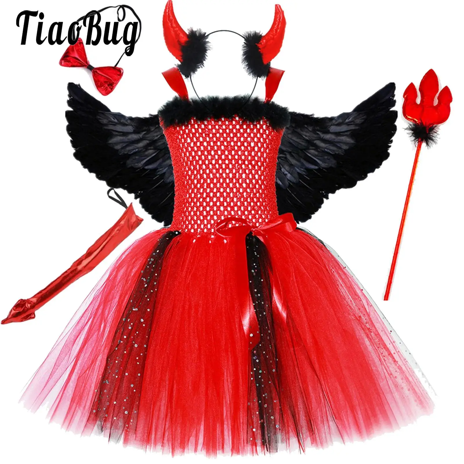 

Kids Girls Little Devil Cosplay Costume Set Halloween Carnival Fancy Dress Up Sequins Tulle Skirted Dress with Devil Hair Hoop