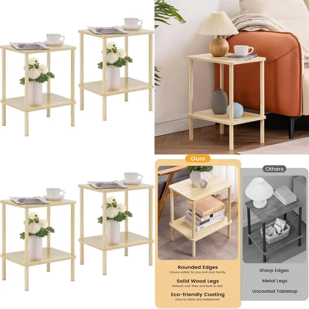 

Pair of Boho Style Wood End Tables, Storage Shelf, Compact Nightstands for Bedroom, Living Room, Entryway, Light Natural Finish