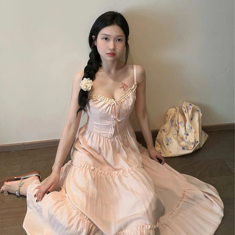 Pink Patchwork Camis Dress Women Sexy Chic Spaghetti Strap Long Dress Korean Fashion All Match Square Neck Casual Slim Vestidos