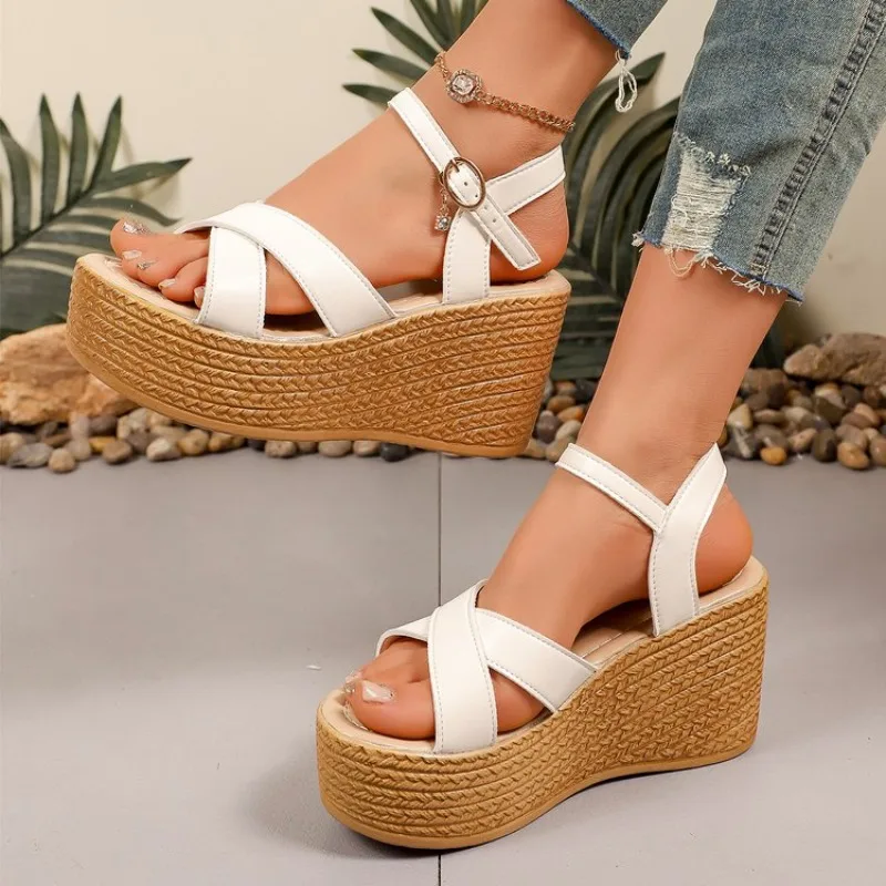 

Women's White Chunky Platform Sandals Summer 2026 Buckle Strap Wedge Sandals for Woman Thick Sole Non Slip Beach