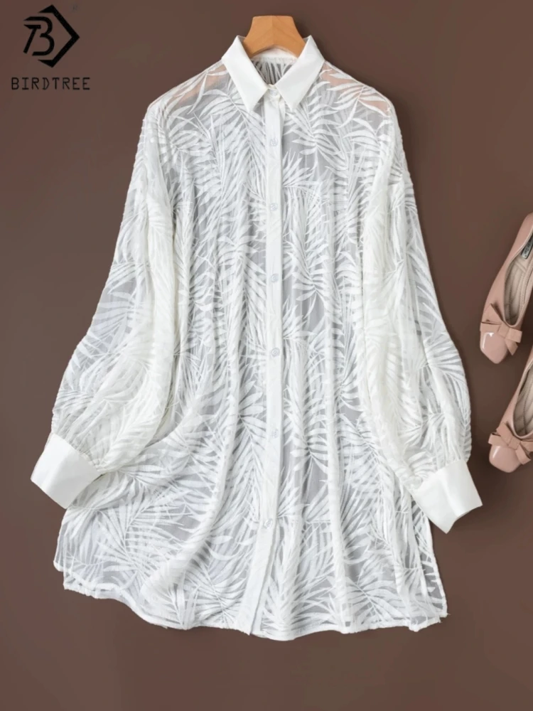 

Birdtree, 100% Silk Sheer Blouse, Lapel Neck Full Sleeve Shirt, Women Embroidery Georgette Thin Tops, 2026 Summer New T65602JF