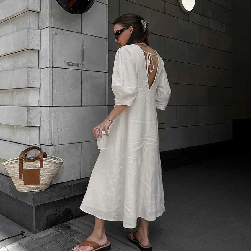 Retro Cotton Linen Women'S Summer Dress Sexy V-Neck Puff Sleeve Long Maxi Birthday Graduation Dresses Beach Sundress Robe Femmes