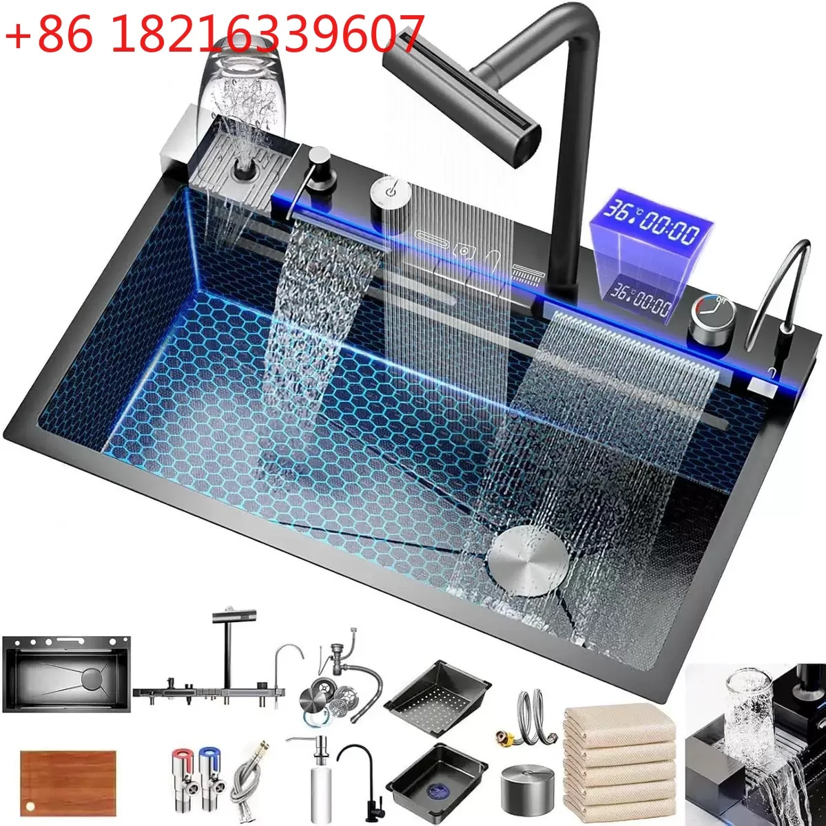 

5-Key digital display sink sink sink super thick waterfall 304 kitchen honeycomb