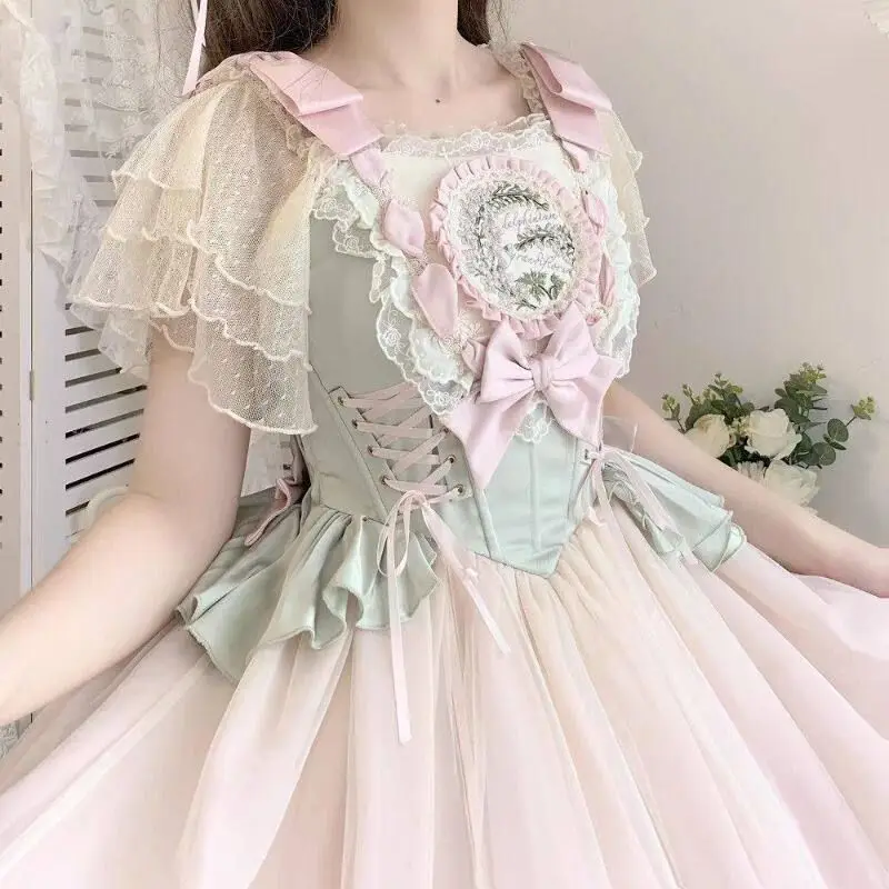 

Lolita Skirt Lace Mesh Short Sleeve Fly Sleeve Square Collar Underdress Casual High Waist Cake Skirt Polyester Micro Stretch