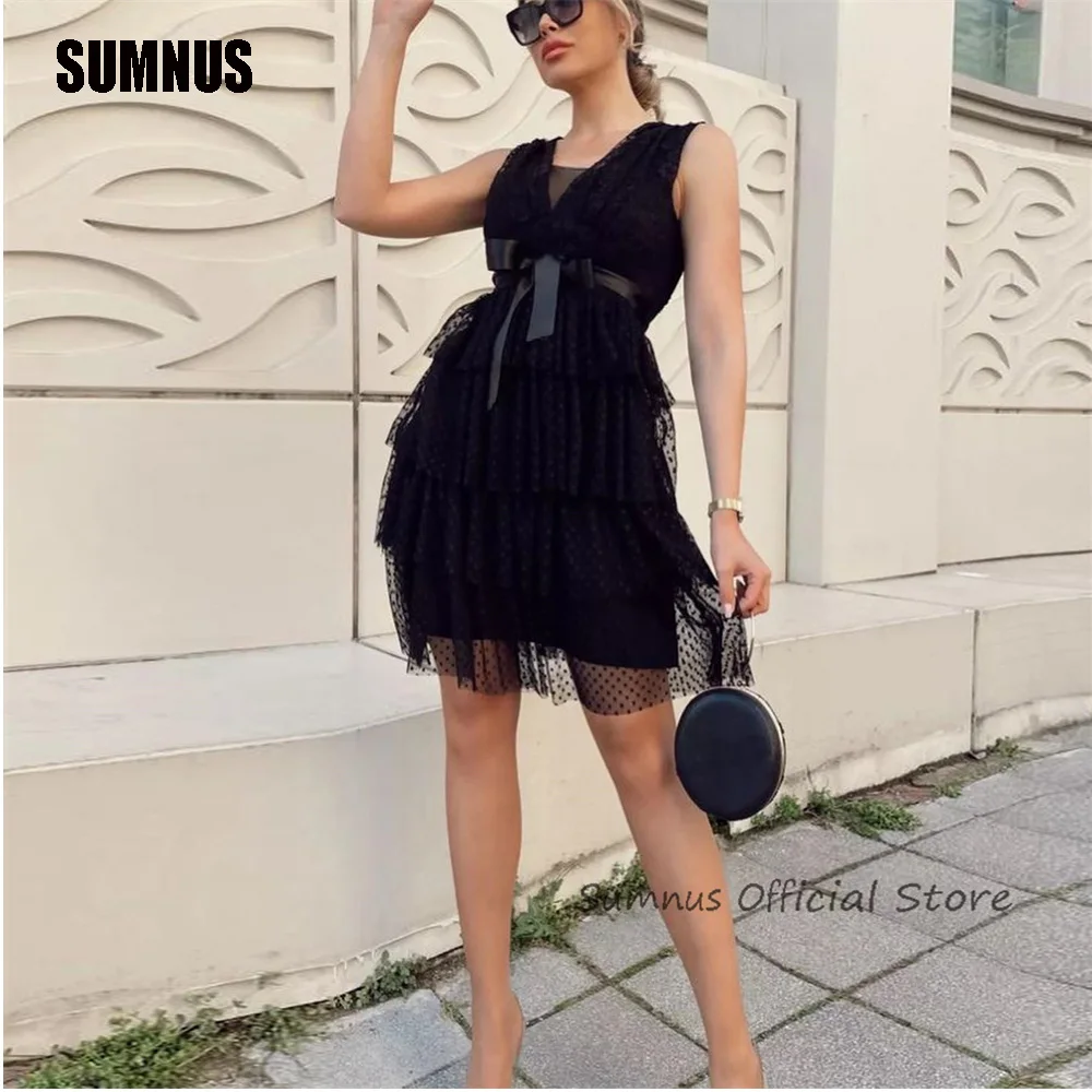 Sumnus Vintage kurz eine Linie Party Kleider Club Nacht sexy V-Ausschnitt gestufte Punkt Netz Ballkleider Bogen Gürtel Mini Cocktail Abendkleid