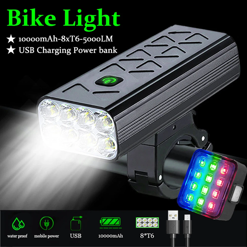 

5000 Lumen Bicycle Front Light 8 LED Lamps Super Bright Bike Fashlight 10000mAh Bike Headlight as Power Bank Cycling Lights