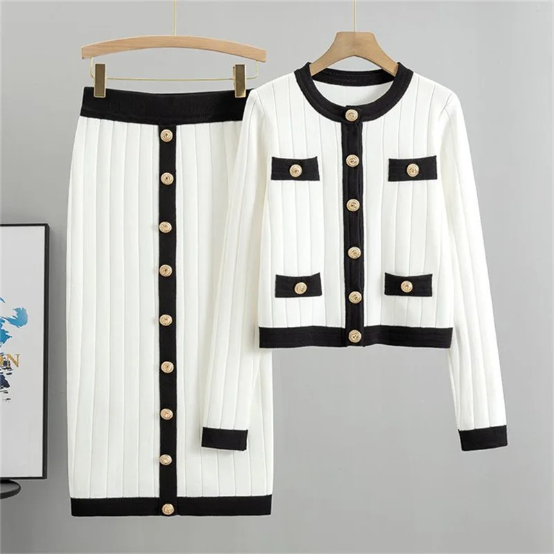 2026 New Spring Autumn Suit Women High-End Sense Set Skirt Soft Knitted Cardigan Sweater  @ Half Skirt Two-Piece Set Ladies