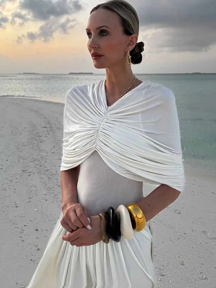 MCDV 플리츠 시크 숄 롱 드레스 여성 우아한 화이트 슬림 하이 웨이스트 A라인 탱크 드레스 2025 여름 휴가 여성 이브닝 로브