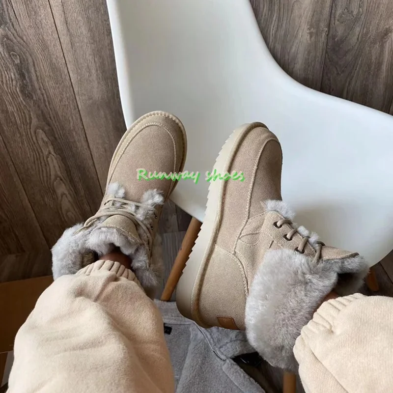 

Model Wool Fleece-Lined Snow Boots Brown Belt Buckle Decoration Chunky High-Heeled Ankle Boots High-End Handmade Women's Boots