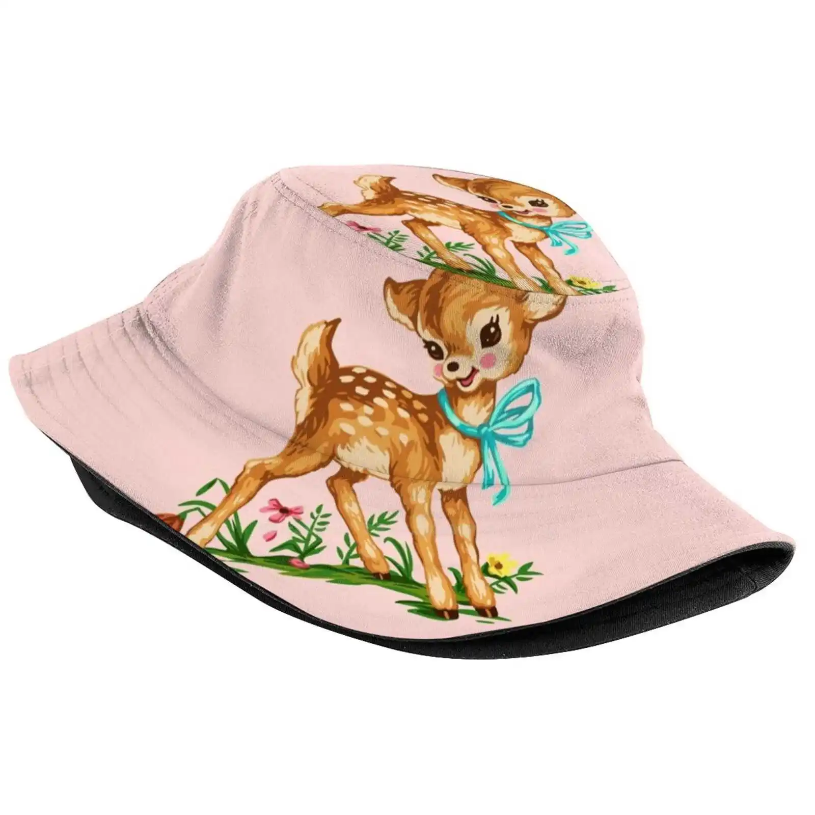 Cute Fawn Flat Top Breathable Bucket Hats Vintage Retro Antique Distressed Kawaii Baby Animal Sassy 50s Flowers Floral Fawn