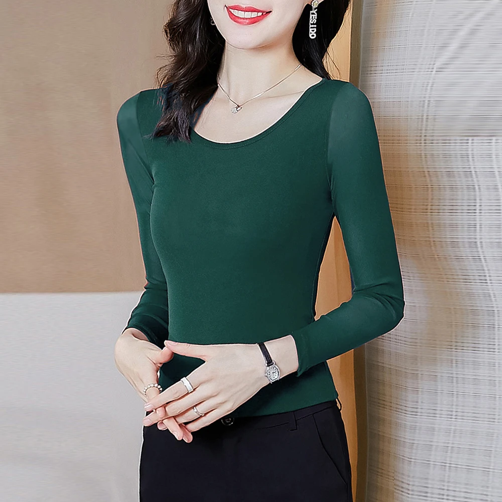 

Women's New Elastic Mesh T Shirt S-3XL Basic O-neck Full Sleeve Shirt Women Sexy Slim Stretch Female Blouses Black Red Lady Tops
