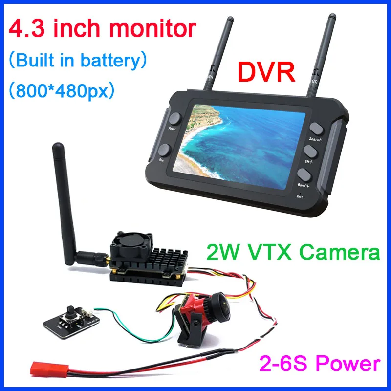 

5.8G 2W Transmitter 2000mW VTX with CMOS 1200TVL fpv Starlight 1200TVL fpv camera and 5.8G 4.3 inch FPV Monitor with DVR