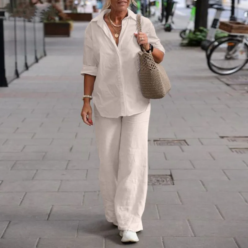 

Women's Two-piece Set 2025 Turn Down Collar Long Sleeved Shirt Spring Casual Solid Color Wide Leg Pants Set Conjuntos Elegantes