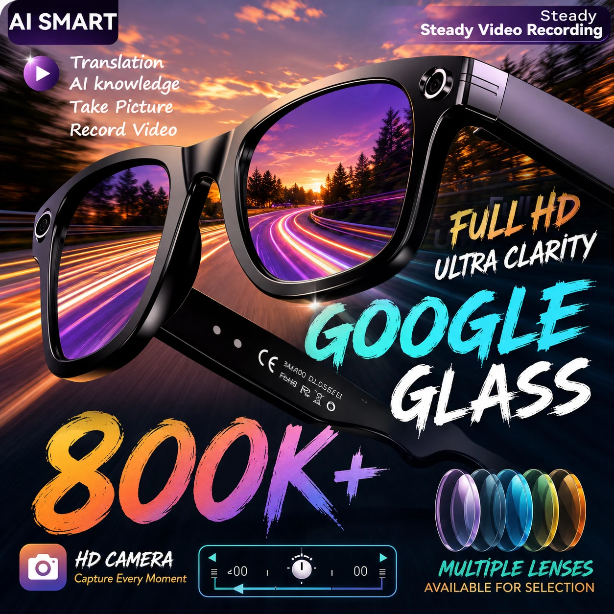 New 8 Million Pixels Camera Smart Glasses Recording Videos AI Photo Recognition Answer Translation Waterproof Blue light Glasses