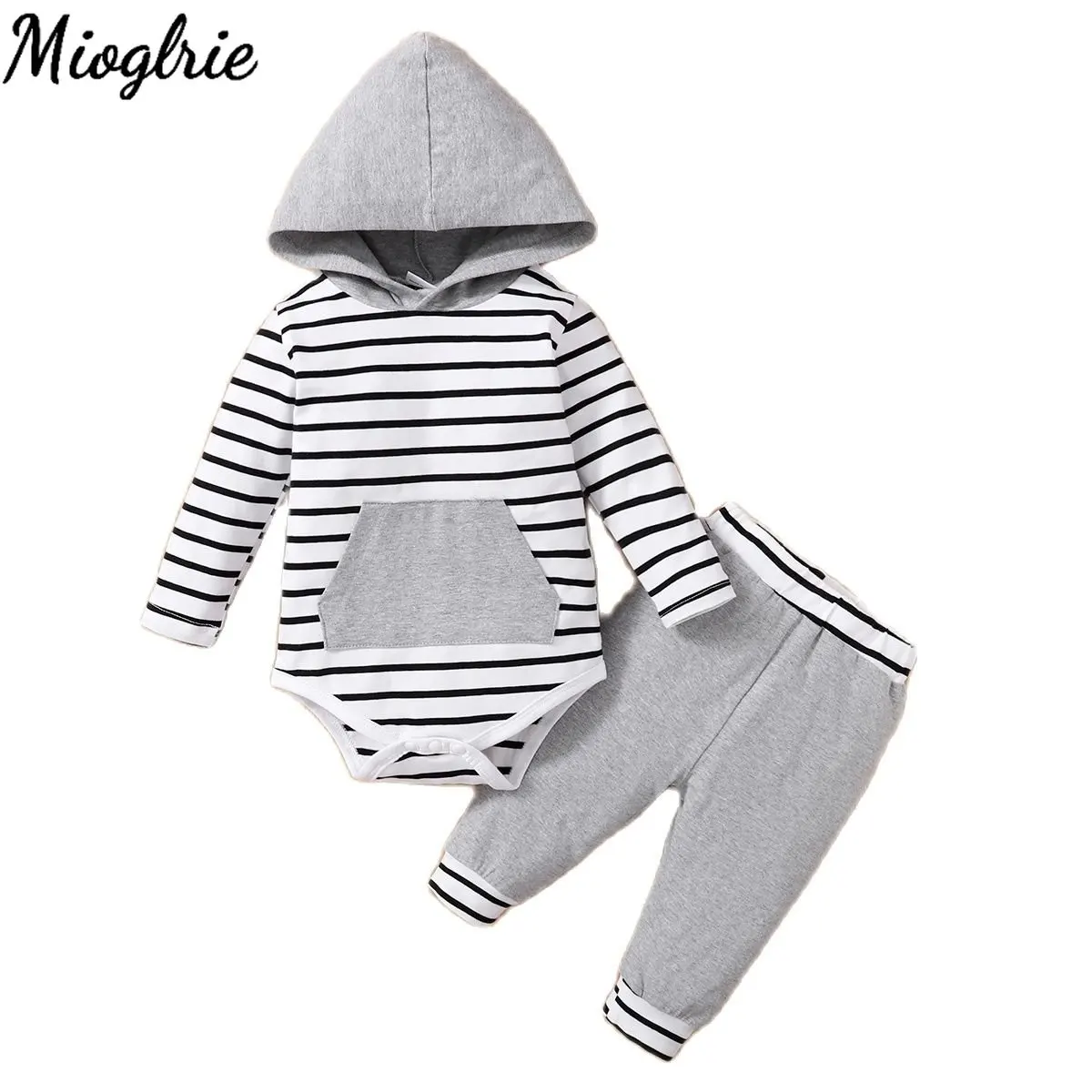 

0-18 Months Newborn Baby Boy Girl 2PCS Clothes Set Long Sleeve Hoodie Stripes Jumpsuit Pants Toddler Boy Outfit Baby Costume