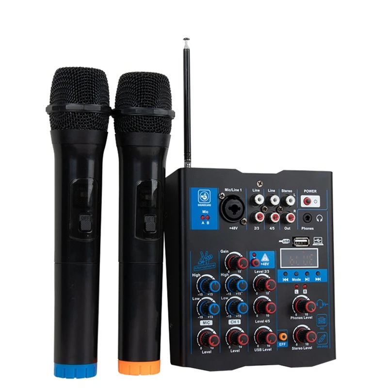 

5 Channel USB Audio Mixer With Wireless Microphone Studio Sound Mixer Bluetooth REC DJ Console Mixing For Karaoke Easy Install