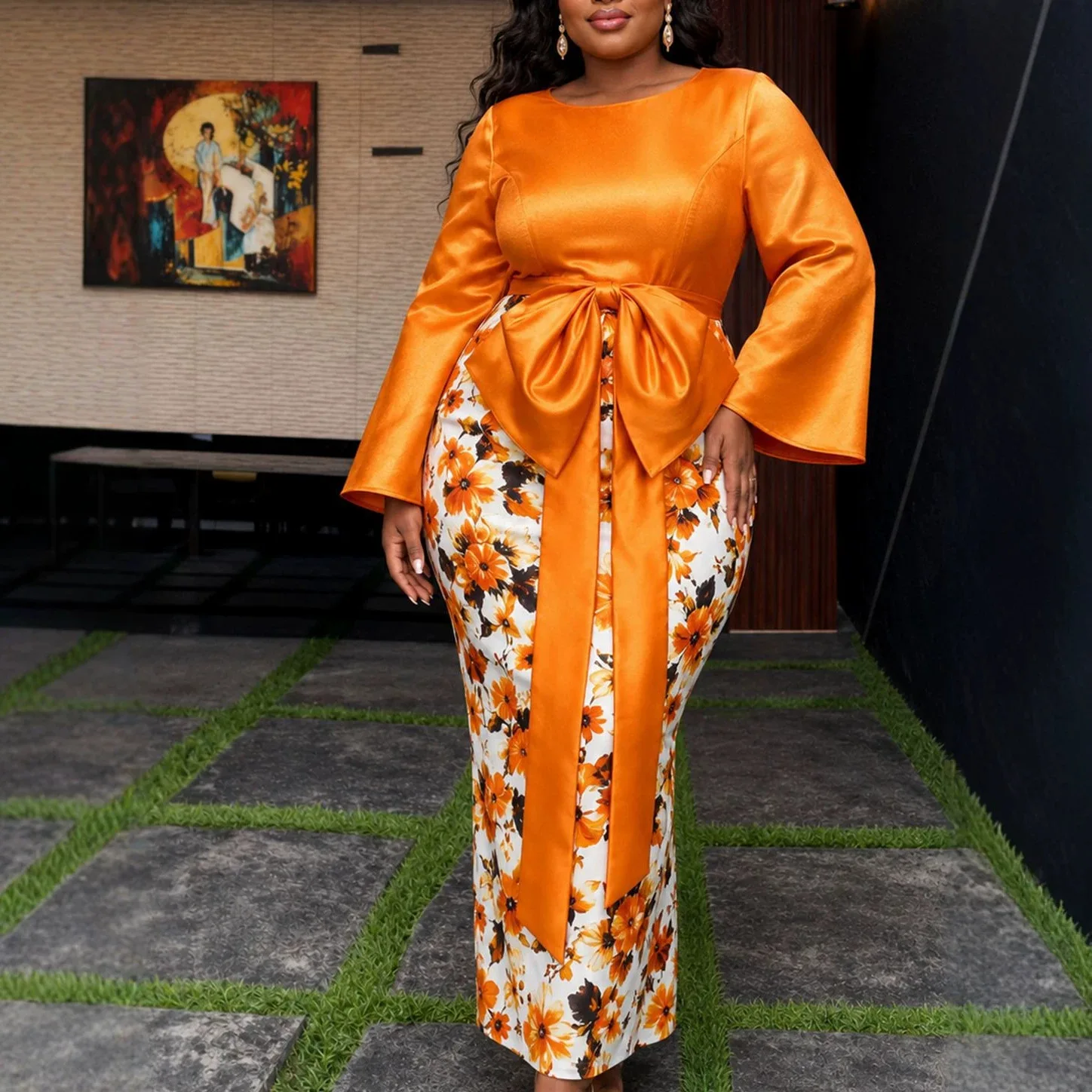 African Women Bodycon Printed Dress O Neck Flare Long Sleeve Bow Peplum Wedding Guest Event Party Office Formal Festival Outfit