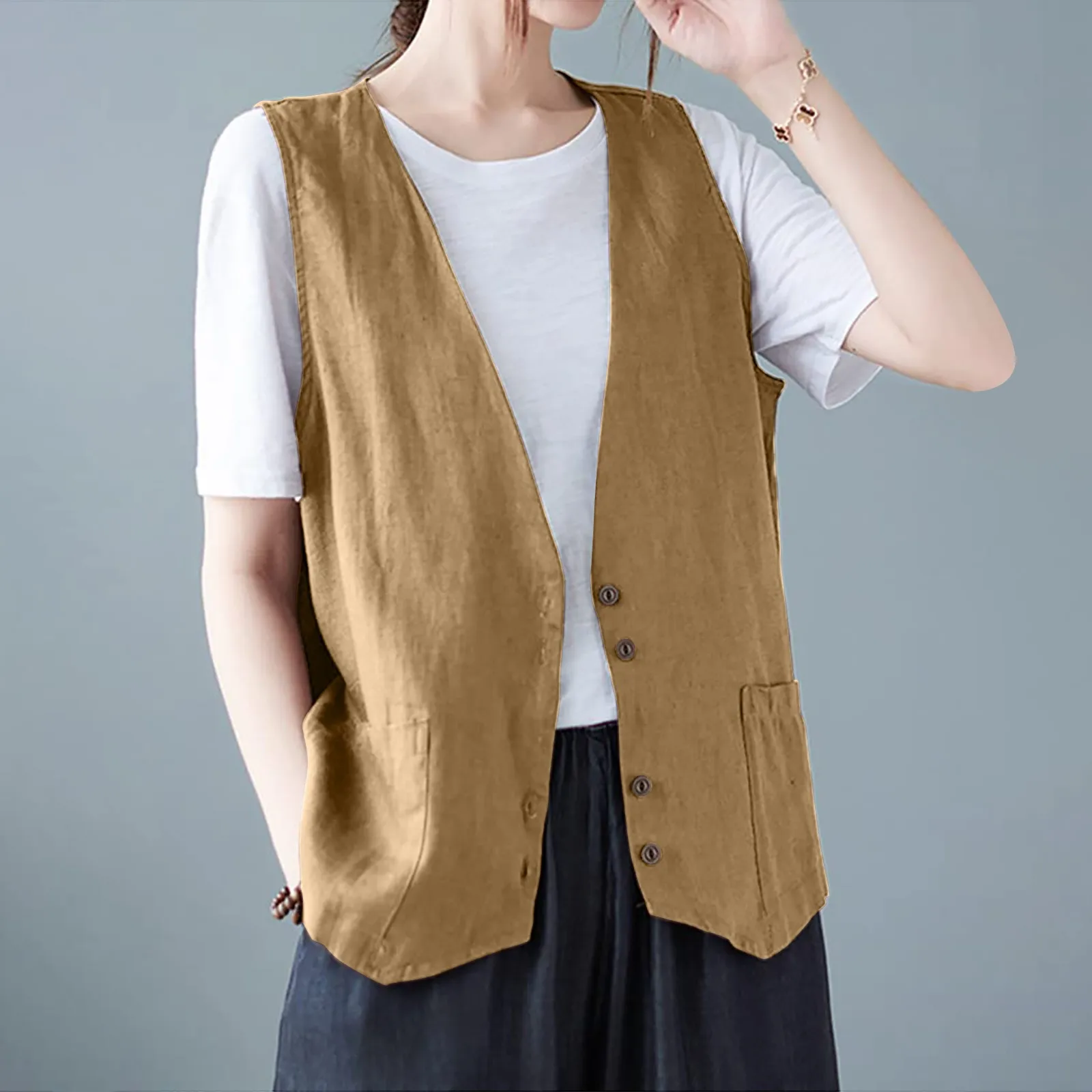 

Cotton Linen Summer Vest For Women V-neck Sleeveless Vest Women's New Korean Style Fashionable Elegant Casual Vest Top