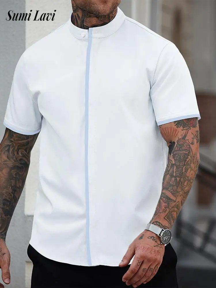 

Outdoor Casual Stand Collar Shirts Mens Short Sleeve Button-up Cardigan Tops Men's Summer Daily Leisure Loose Breathable Shirt