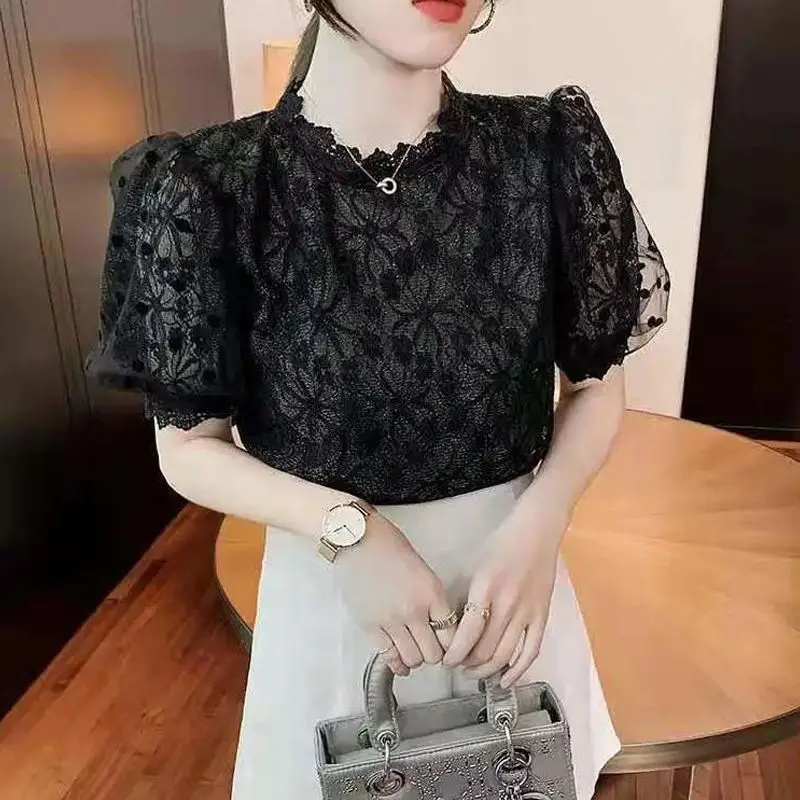 Elegant Fashion Hook Flower Hollow Mesh Splice Lace Blouse Woman 2022 Summer New Office Lady Commute All-match Puff Sleeve Shirt