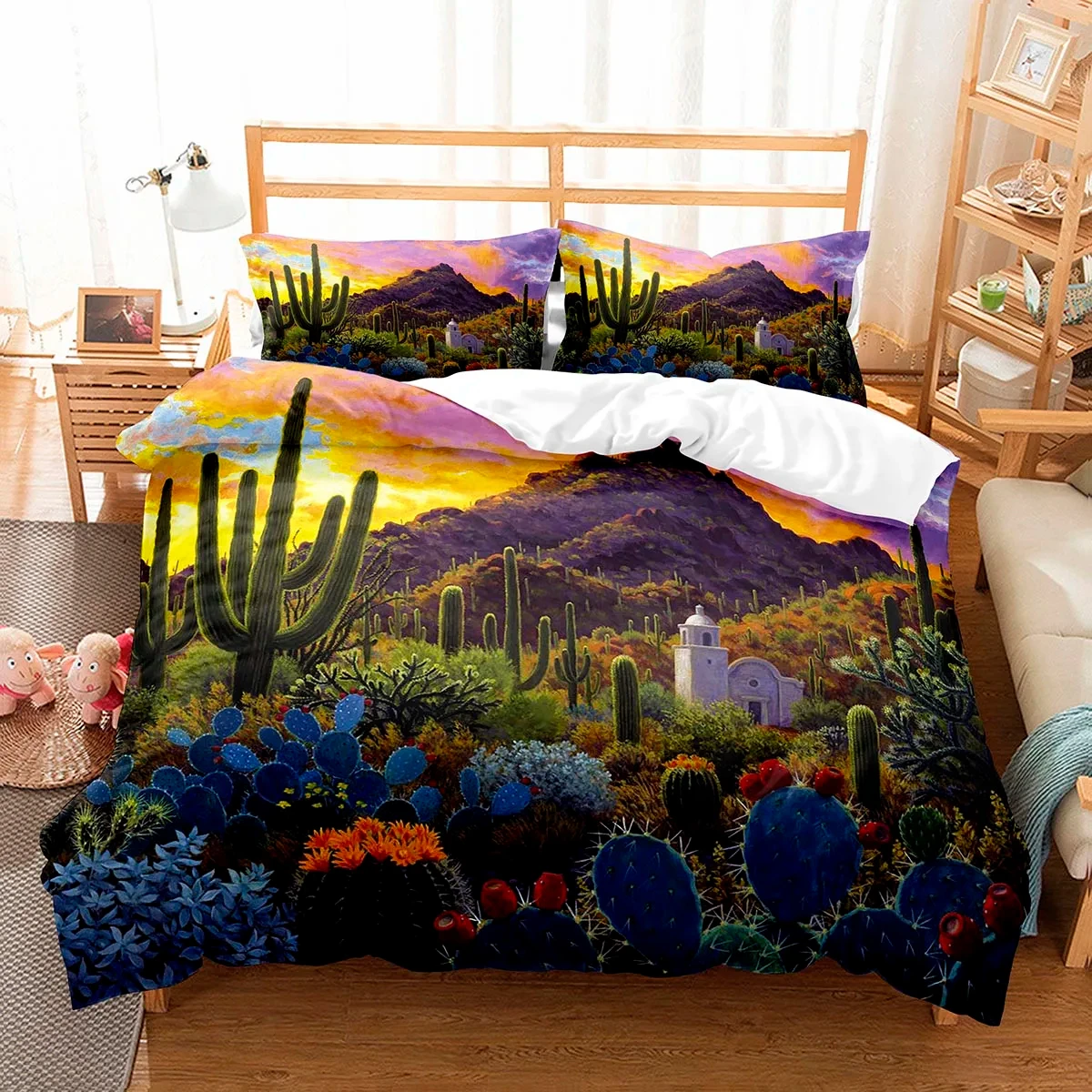 Cactus Duvet Cover Set Desert Plants Pattern Comforter Cover for Teens Adults Bedroom Double Single Twin Queen Size Bedding Set