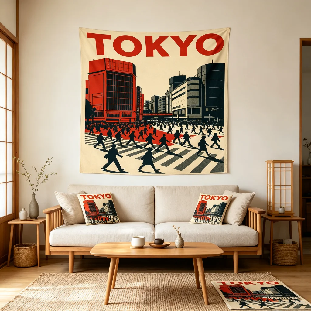 1PC Tokyo Crossing Art Print Backdrop Banner, Bedroom Living Room Photo Background, Polyester, Home Decor, Wall Art